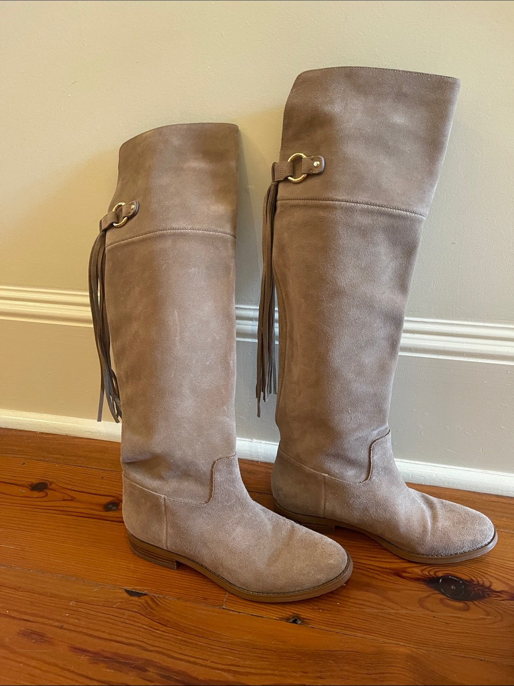 Michael Kors Taupe Suede Over-the-Knee Tassel Boots